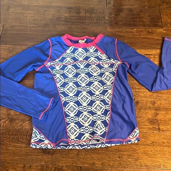 Cabana Life Girls' Blue and Pink Long Sleeve Rash Guard, size 14 - Picture 1 of 5